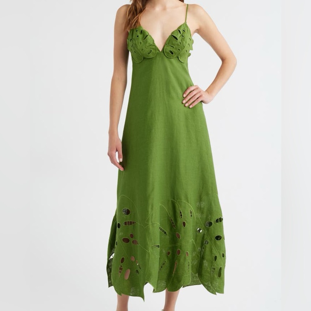 Farm Rio Green Monstera Embroidered Linen Midi Dress